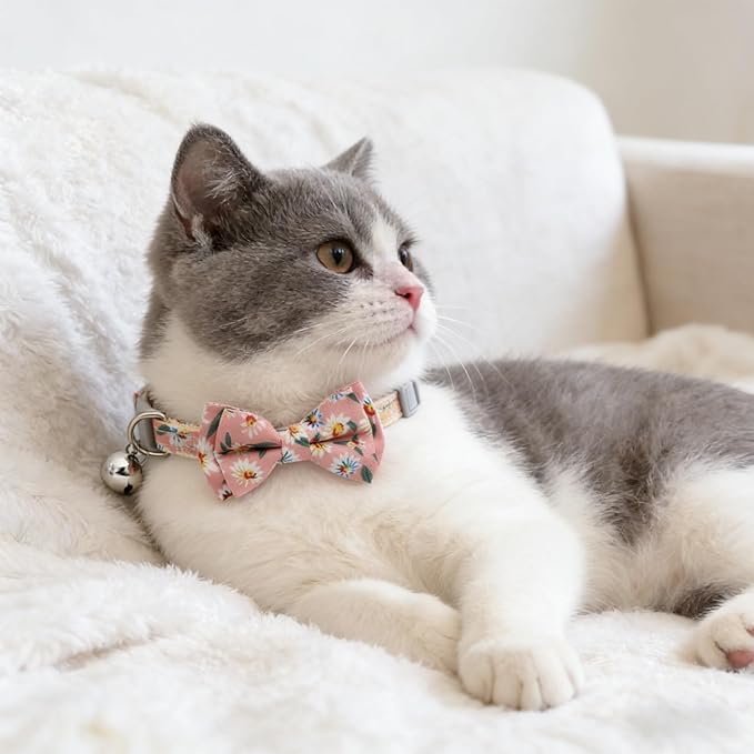 4 Pack Cute Cat and Puppy Collar with Removable Bow Tie and Bell, Adjustable Fit Kitten Collars for Cats & Small Dogs, Cute Bowknot