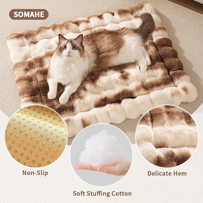 SOMAHE Cat Bed, Plush Faux Fur Kneading Flat Mat - Machine Washable Fluffy Pet Bed for Indoor Cats, Non-Slip Small Kitten Bed, Therapeutic Knead Cat Mat for Couch & Window Sill, 23"×15" Inch,Brown