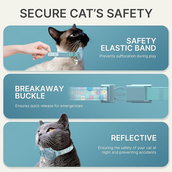 Waterproof Airtag 2nd & 1st Cat Collar, Breakaway Cat Airtag Collar with Luminous & Reflective Fish Pattern, Lightweight Kitten Collars for Apple Air tag, Hidden GPS Tracker Holder for Cats, Kittens