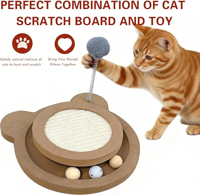 Cute Cat Scratcher,Interactive Scratcher Toys for Indoor Cats and Kitten Natural Sisal Cat Scratch Mats Track Balls Spring Toy