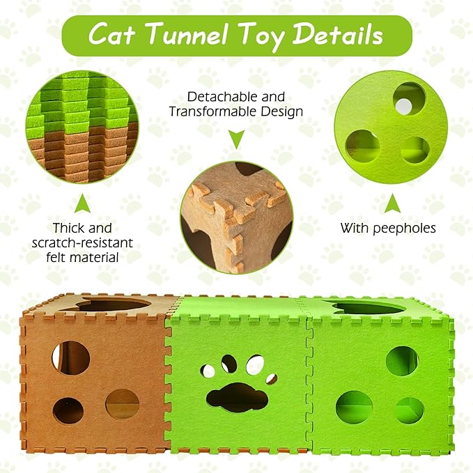 Felt Cat Tunnel 14 Pcs Foldable Cat Hideaway Cave with Interactive Peek Hole DIY Cats House Kitten Play Tubes and Tunnels for Indoor Cats Up to 12lb