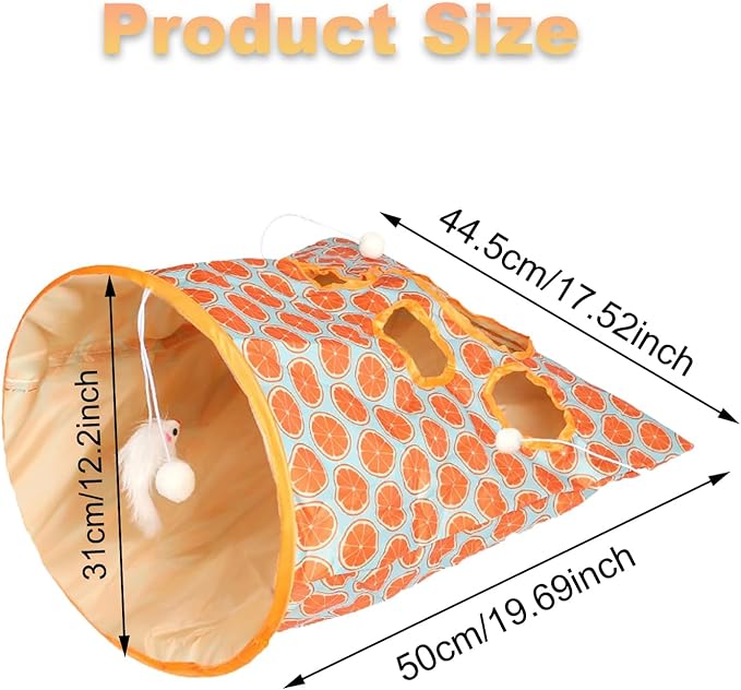 Cat Tunnel Bag for Indoor Cats, Foldable Pet Tunnel Crinkle Sack Bag with a Little Mouse & 3 Toy Ball, Portable Crinkle Paper Interactive Hide and Seek Cat Toys (Orange)