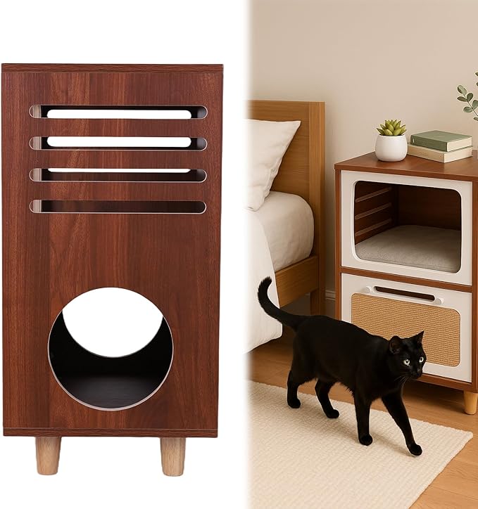 Generic Wood Bedside Table with Scratching Board 2 in 1 Play House End Table Retro TV-Style Two-Tier Indoor Cat Activity Center Vintage TV Shaped Cat Furniture for Indoor Use Cats Beds