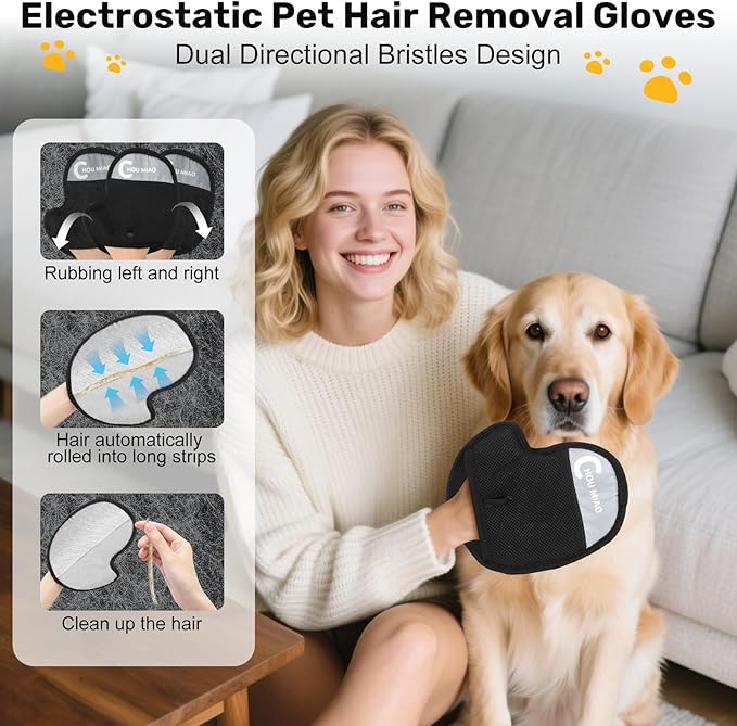 2 Pack Pet Hair Removal Gloves, Reusable Electrostatic Magic Brush Glove for Dogs Cats Grooming, Pet Hair Mitt Remover Tool for Furniture, Clothing, Couch, Carpet, Car Seats