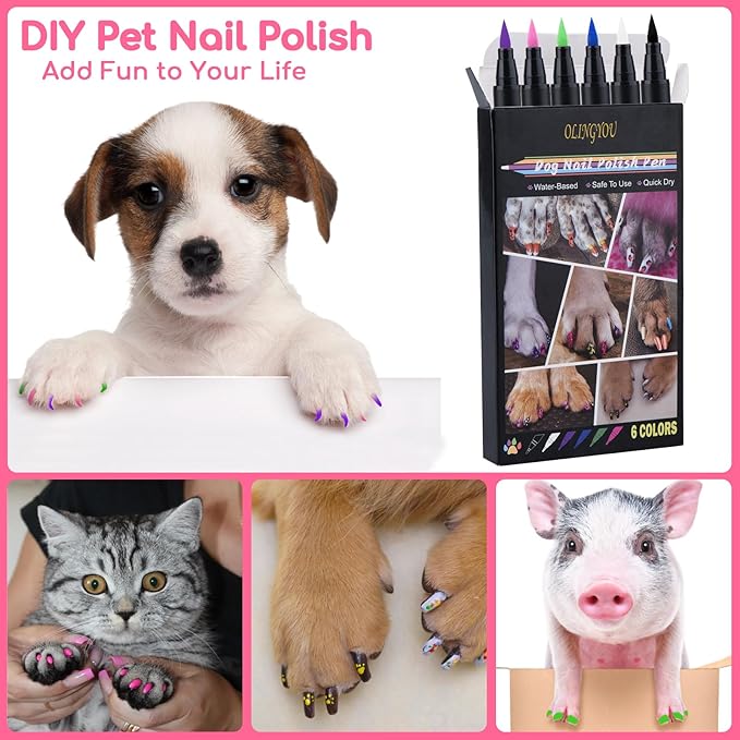 OLINGYOU Dog Nail Polish， Dog Nail Polish Pens Quick Dry-6 Colors, Pet Nail Polish Set for Dogs， DIY Dogs Puppy Nails, Dog Safe Nail Polish Non Toxic, Odorless, Easy to Apply