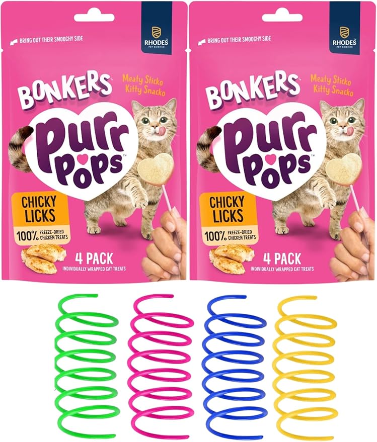 Bonkers Purr Pops Chicky Licks Freeze-Dried Cat Treats, 4-Count, 2 Packs with Cat Spring Toys