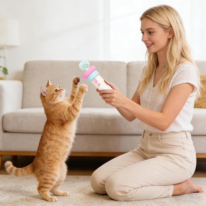 Electric Cat Wand Toy with Telescopic Rope, Cat Teaser Game Interactive Cats Toys Fuzzy Ball Launchers Funny Enrichment Toys for Bored Indoor Pets