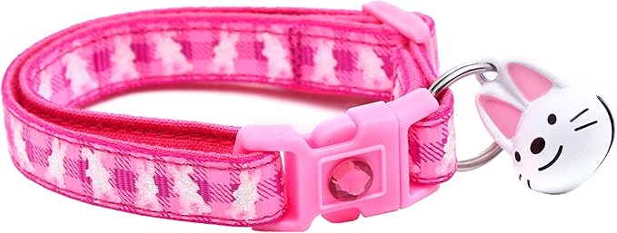 Easter Bunnies on Plaid Cat Collar with Bell | Safety Breakaway Collar | Adjustable Large Size or Kitten Collar (Pink, Small(10lbs & Less))