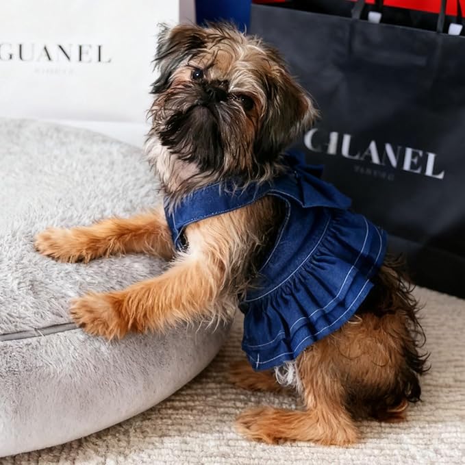 Denim Pet Dress & Vest Harness for Dog Cat, Male Female Universal with D-Ring, Bow Decor Ruffled Skirt Breathable Clothes for Small to Large Pets (Small, Skirt-Blue Denim)
