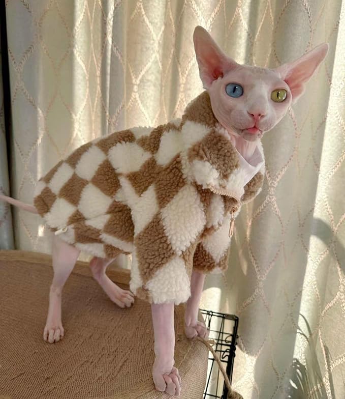 Turtleneck Sphynx Cat Winter Clothes, Double-Sided Fleece Jacket with Zipper, Sweater for Sphynx Cat Winter Warm Outfit Coat for Hairless Cats and Small Dogs Apparel with Sleeves (Diamond, Medium)