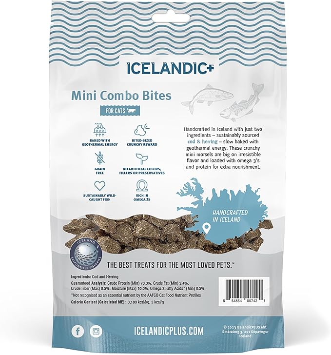 Icelandic+ Mini Combo Bites: Cod & Herring - 1.7oz Bag - Cat Treats, .25" Crunchy Bites, 2 Ingredient Natural Pet Snacks, No Fillers, Wild-Caught Fish