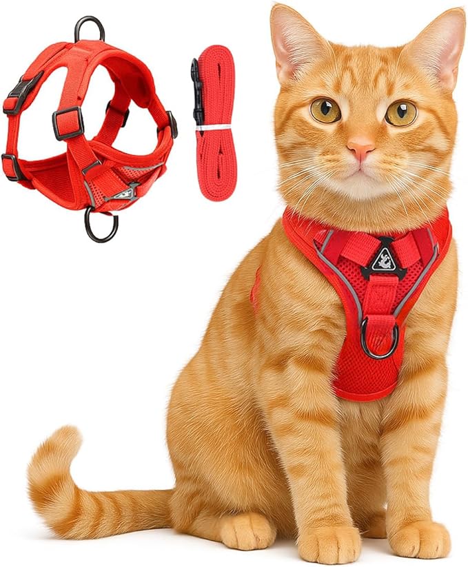 Cat Chest Harness and Leash Set for Walking Escape Proof, Soft Adjustable Vest Harnesses for Cats, Kitten Jacket with Reflective Strip, Easy to Put on with 3 Buckles for Traveling (Red, L)