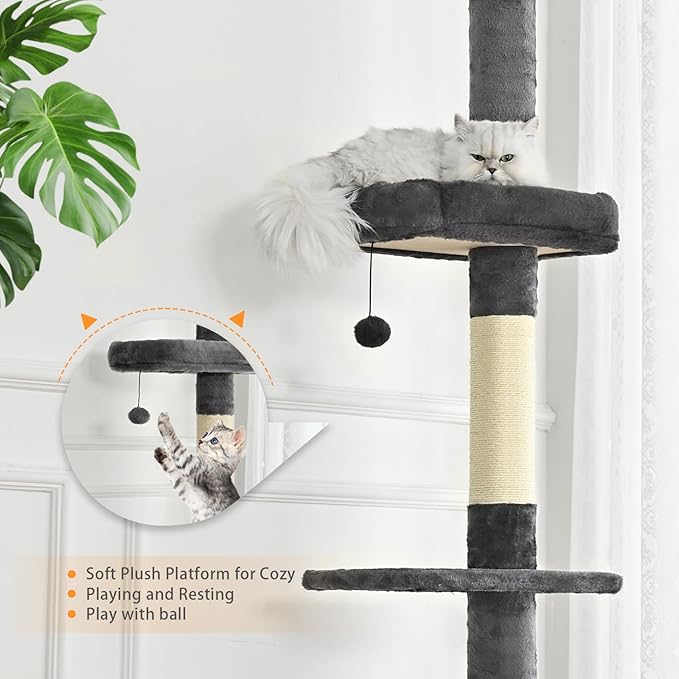 Floor to Ceiling Cat Tree, Cat Tower with Adjustable Height 98-110 Inches, 5 Tiers Tall Cat Tree Floor to Ceiling with Cozy Bed,Platforms, Sisal Scratching Posts for Cats Gray