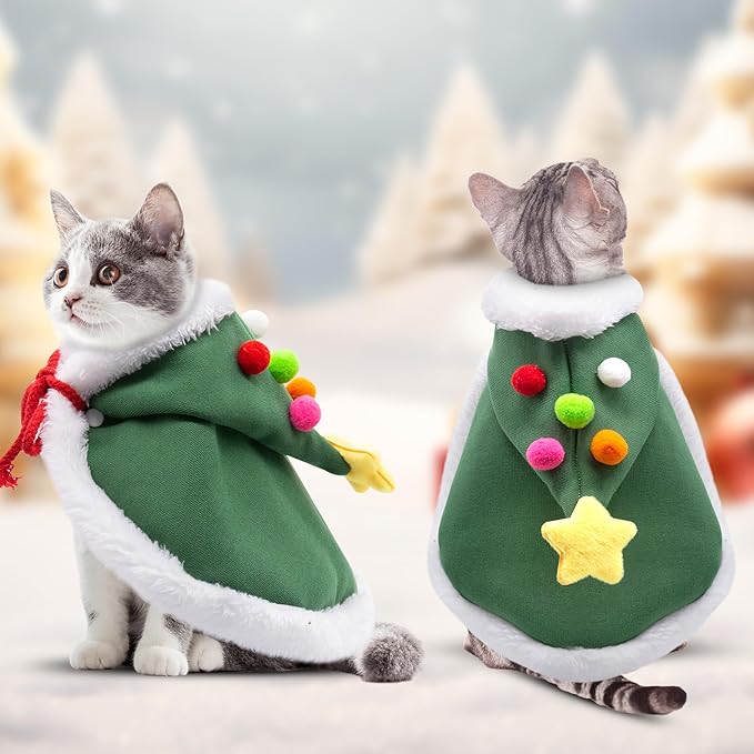 Cat Christmas Cape with Velvet Stars Hat, Small Dog Soft Thick Xmas Cloak, Pets Christmas Costume Dogs Cats Santa Claus Outfits for Goose, S