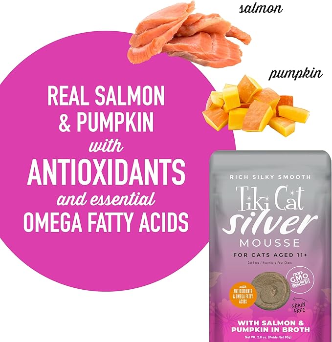 Tiki Cat Silver Mousse, with Salmon & Pumpkin in Broth, Silky Smooth Nutrient Rich Formulated for Older Cats Aged 11+, 2.9 oz. Pouch (12 Count)