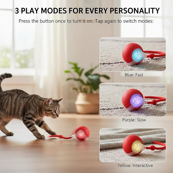 Interactive Cat Toys Ball for Cats - Upgrade Automatic Cat Toys for Indoor Cats, Chirping Cat Toy, 3 Modes 2 Speed Moving Cat Ball with Dragonfly Feathers 2PCS (Red Blue)