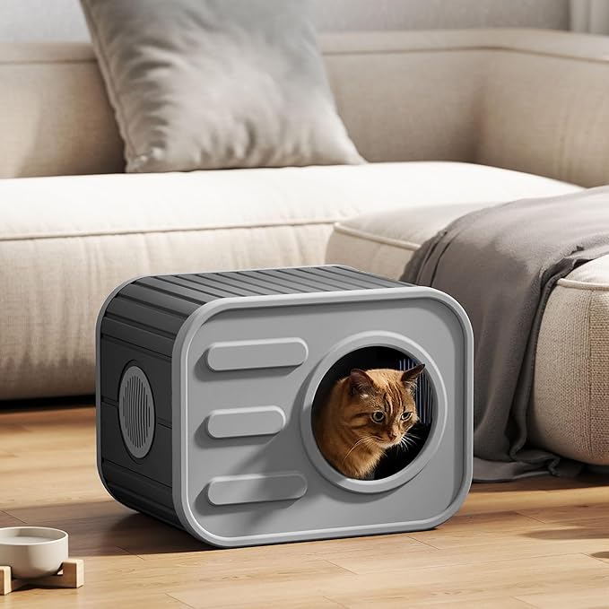 Insulated Outdoor Cat House,Plastic Feral Cat Houses for Outdoor Indoor Cats with Camera Appearance & Large Door,Stackable Cat Houses & Condos,Spacious Cat Bed Cave,Easy to Clean,Black
