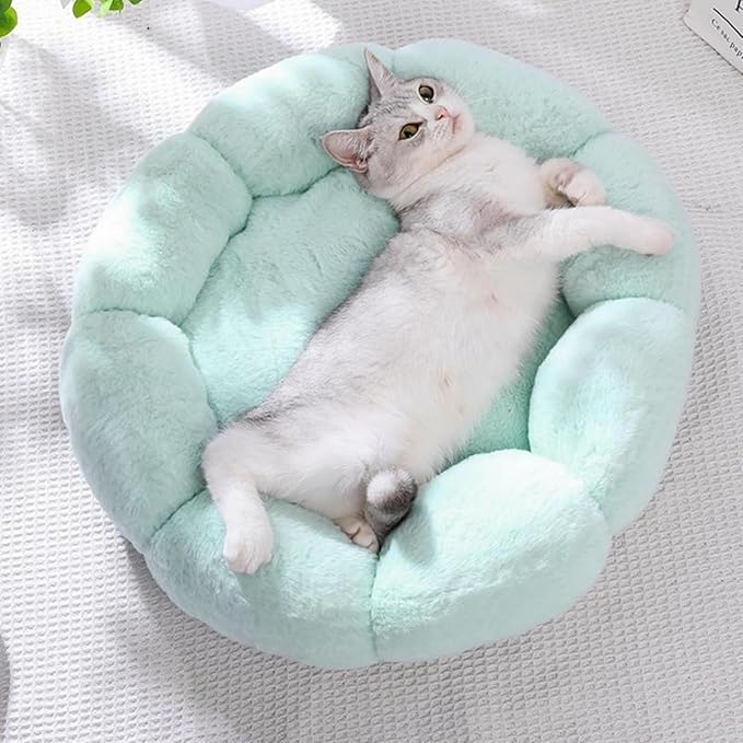 Plush Cat Beds for Indoor,Flower Shape Soft Pet Bed with Anti Slip Bottom,Donut 360 Degree Support Dog Bed for Bedroom Living Room (Blue)