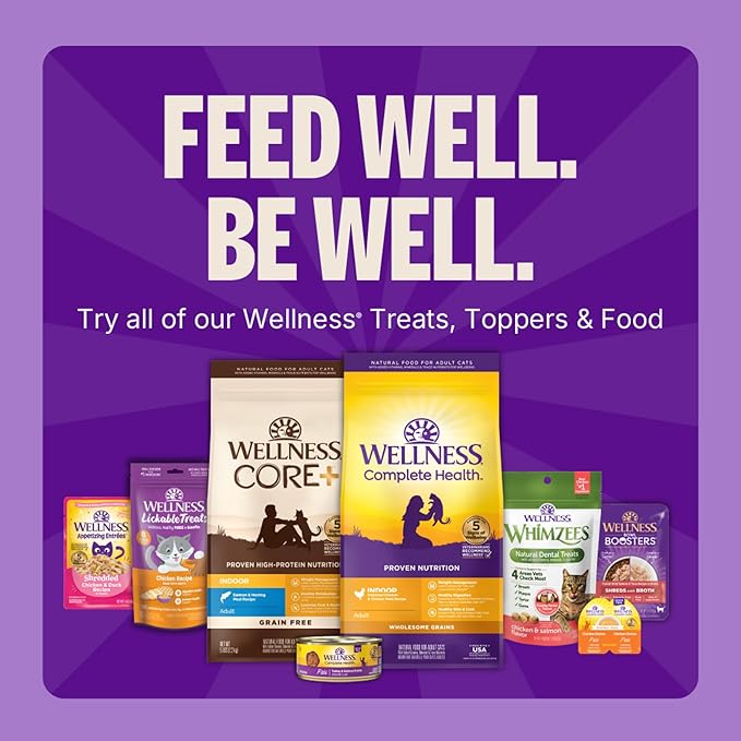 Wellness Lickable Soft Puree Cat Treats, All Lifestages, Kitten to Senior, Natural, Grain Free, Chicken Flavor, 0.4 oz, Pack of 6 Tubes