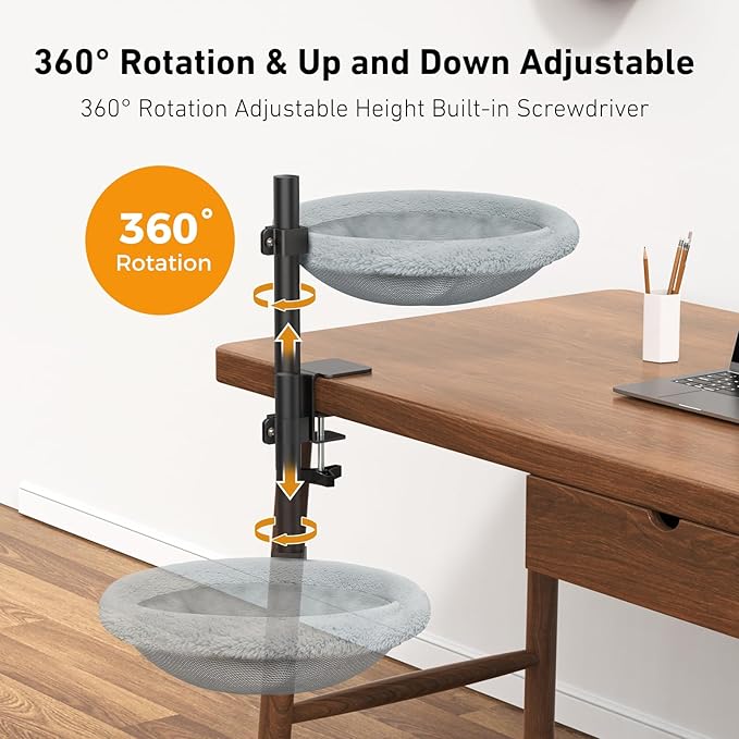 Cat Desk Bed - Cats Hammock for Home Office 360° Rotating & Height Adjustable - Supports Up to 45lbs Indoor Cat Nest Furniture for Office & Game Tables