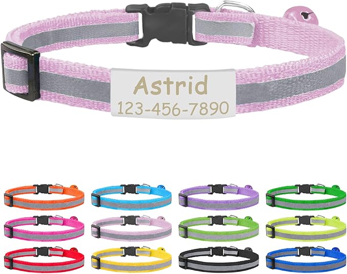 CAMAL Cat Collar with Name Tag, Reflective Cat Collar Breakaway for Kitten Puppy, Personalized Cat Collar, Adjustable 7.5"-12.5" (Pink)