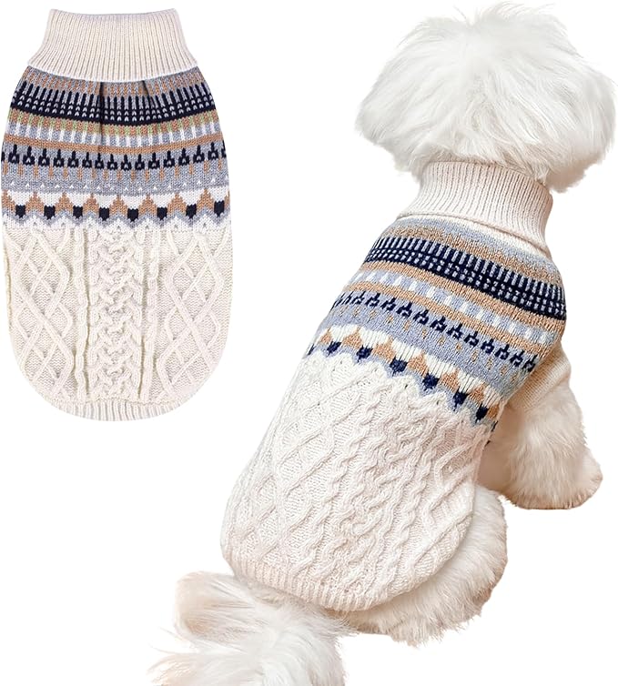 Knit Dog Sweater Turtleneck Cat Cold Weather Pullover Pet Vintage Cable Thick Warm Winter Clothes for X Small Dogs Cats Medium Pug Dachshund Yorkie (Beige, Large)