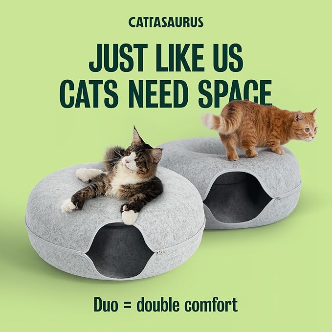 Cattasaurus Peekaboo Cat Cave Duo Jumbo Set, Extra Spacious Cat Donut for Multiple & Large Kitty 15+ lbs, Scratch Detachable Cat Beds for Indoor Cats, Washable Cat Tunnel Bed, Best Kitten Toys
