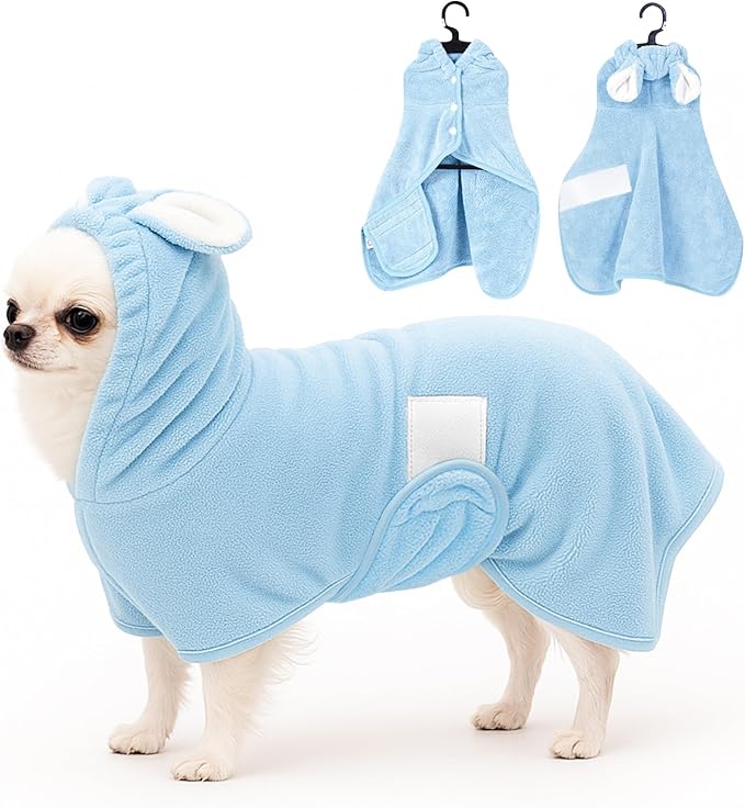 Pet Bathrobe Towel Dog Cat Drying Coat Super Absorbent Cute Dogs Bath Towel Hooded Robe Adjustable Collar & Belly Strap for XSmall to XLarge Pets (Blue, Small)