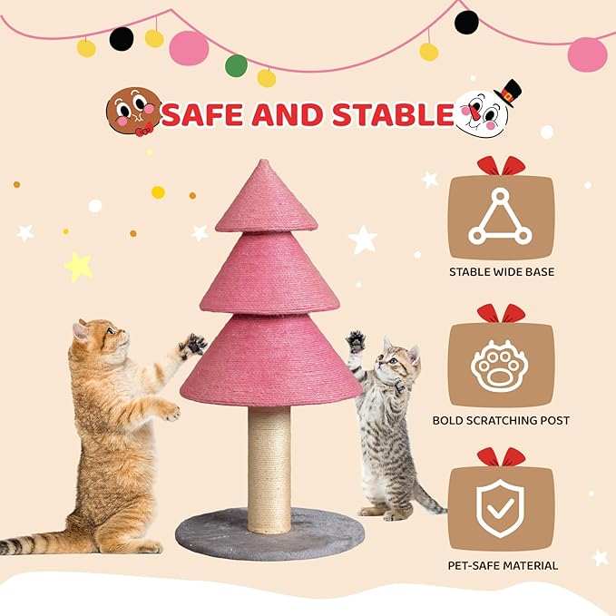 VINGLI 31.5in Christmas Tree Cat Scratcher Tower, Pink Cat Tree with Sisal Scratching Post & Soft Fleece Base, Stable Cat Scratcher for Kittens & Adult Indoor Cats
