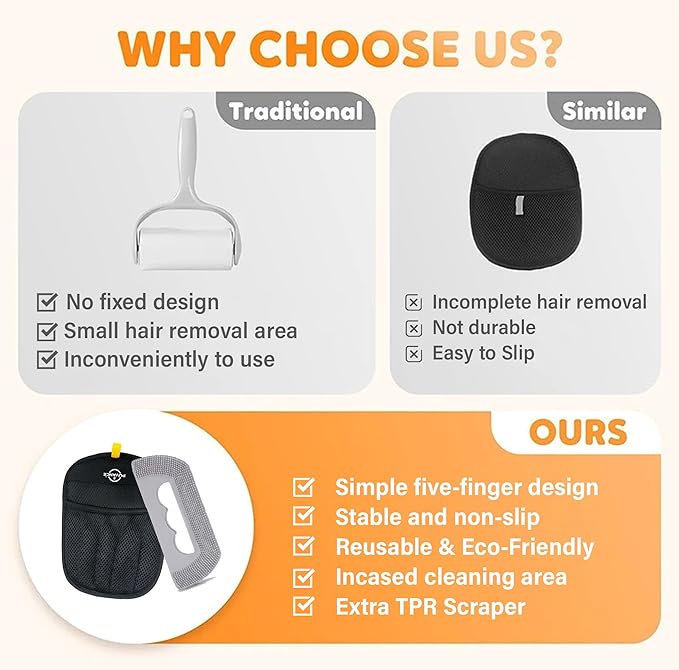 Pet Hair Removal Glove for Cats & Dogs – 2-in-1 Electrostatic 5-Finger Fur & Lint Remover with TPR Scraper, Reusable Magic Brush for Couch, Carpet, Furniture, Clothing & Car Seats