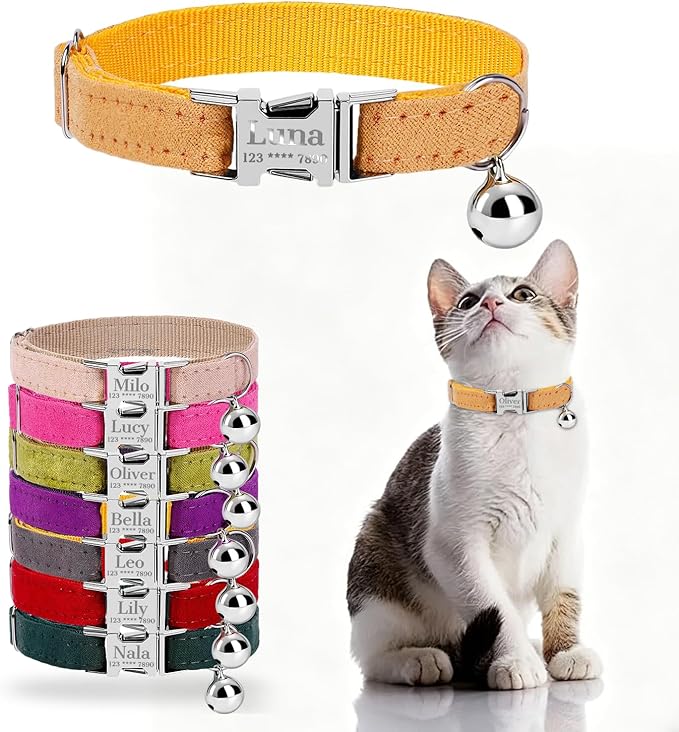 Personalized Cat Collar with Name Plate,Adjustable Tough Nylon Cat ID Collars with Bell,Customize Engraved Pet Name and Phone Number (Velvet Style A)