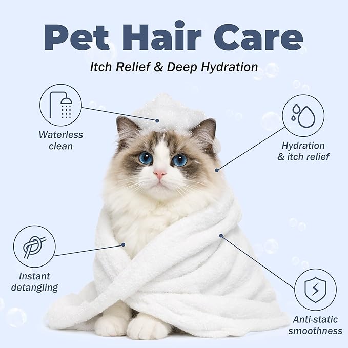 Cat Shampoo & Conditioner 2-in-1, waterless Bath — Hydration & Itch Relief — Detangles & Soothes Dry Skin, Anti-Static — Oatmeal, Aloe, Silk Protein — Low-Residue & pH-Balanced — 500 mL + Glove
