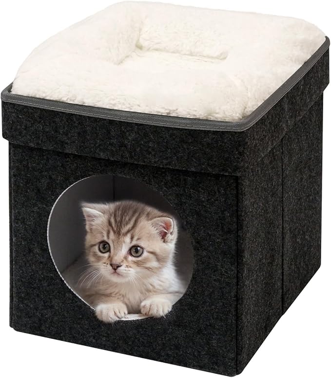 B FSOBEIIALEO Cat House Cube Small Dog Cubes for Indoor Cats Folding Cat Ottoman, Cat Cave, Stackable Cat Condo for Kitten, with Removable Soft Sleeping Bed, Felt and Engineered Wood 12.6"(Dark Grey)