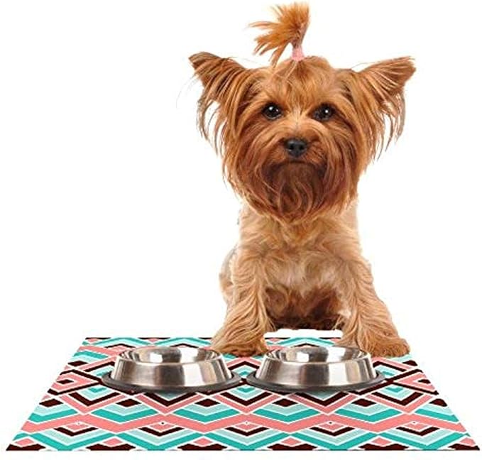 Pom Graphic Design Eclectic Peach Teal Feeding Mat for Pet Bowl, 24 by 15-Inch