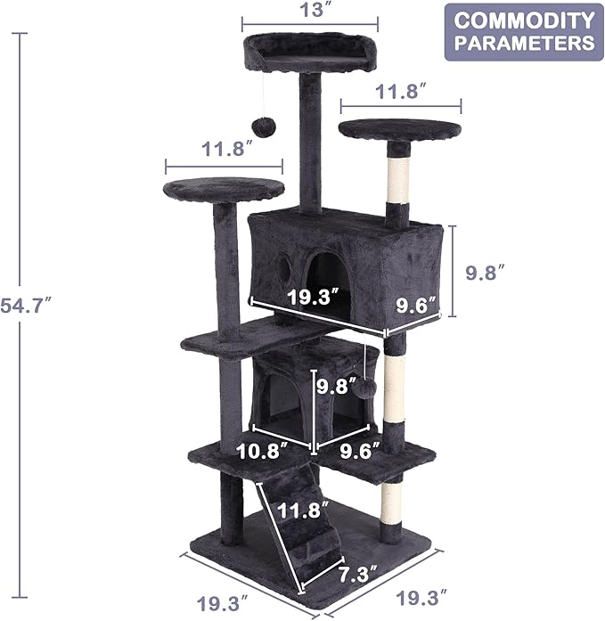 54 Inch Tall Cat Tree Tower - Multi-Level Cat Condo with Scratching Post, Toys & Rest Area, Light Grey