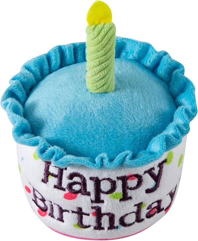 Happy Birthday Cake Catnip Toys, Birthday Cake Shaped Chew Toys for Kitten Funny Cats Gifts Plush Cat Birthday Party Toys, Blue