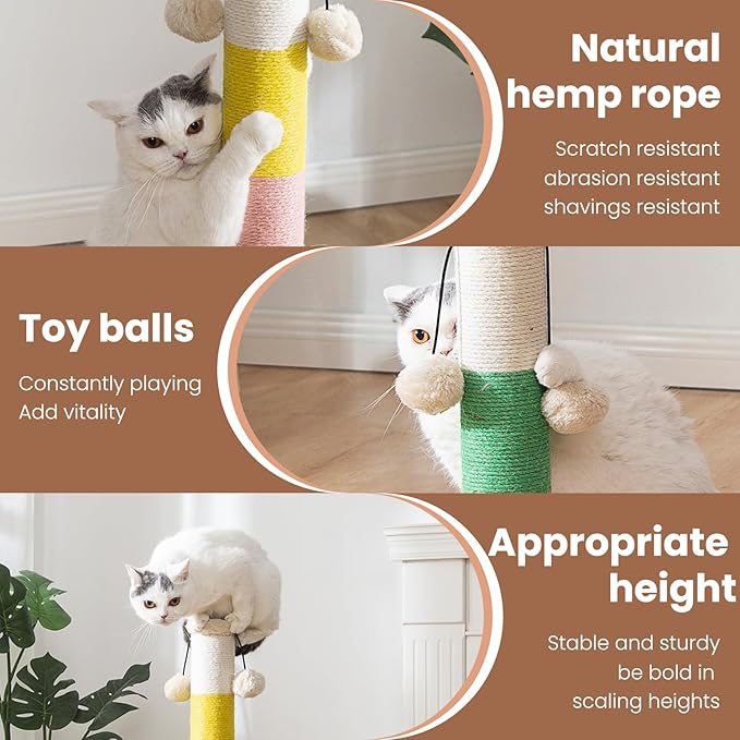 30 Inch High Cat Scratching Post with 4 Plush Teasing Toy Balls, Natural Sisal Rope Post and Thickened Base, Red Green Yellow White