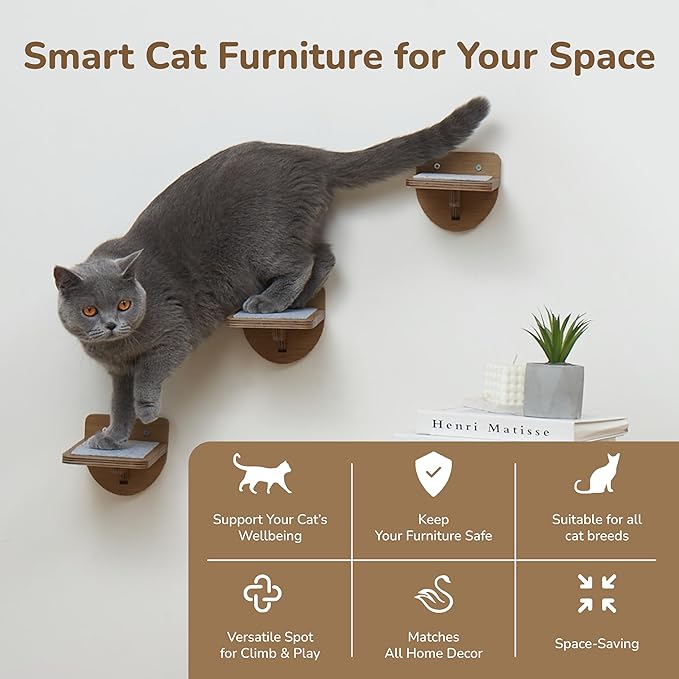32LBS Capacity Cat Wall Steps for Indoor Cats Climbing, Set of 3 Cat Wall Climber System with Anti-Slip Scratching Pads, Wall-Mounted Steps for Various Shelves & Perches, Brown Wood
