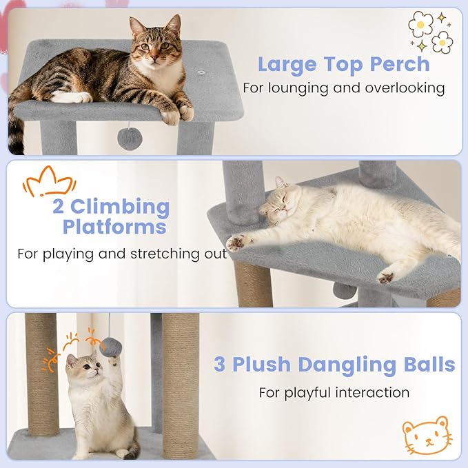Tangkula 64 Inch Tall Cat Tree, Multi-Level Cat Tower with 2 Large Condos, Jute Scratching Posts, Plush Top Perch, Dangling Toys, Cat Climbing Furniture for Indoor Adult Cats & Kittens (Light Gray)