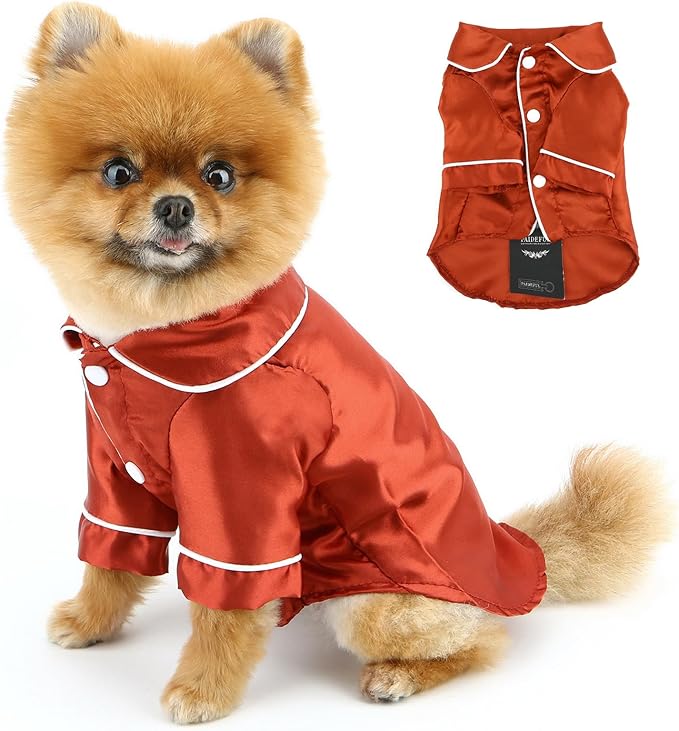 PAIDEFUL Soft Faux Silk Sleepwear for Small Dogs Cats Lapel Doggie Loungewear Lightweight Breathable Puppy Pajamas PJS Two-Legged Pet Shirt Clothes Summer Chihuahua Apparel Button Up,Burgundy,XS
