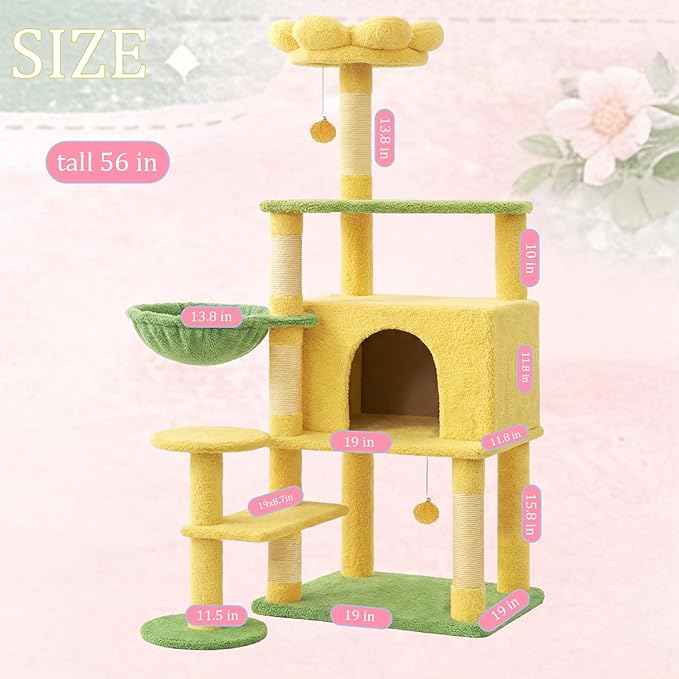 Flower Cat Tree 56 Inches，Large Cat Tower with Detachable Flower Cushions and Hiding Condo, Yellow Cat Tree with Hammock Bed, Interactive Toys and Scratching Posts for Indoor Cats