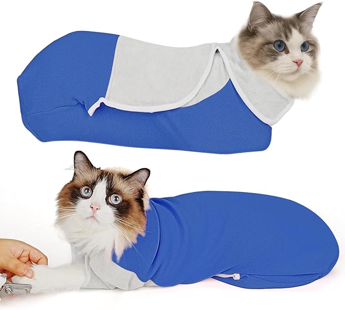 Self-Adhesive Cat Grooming Wrap, Cozy Cat Wrap for Cutting Nails, Breathable Anti-Scratch Cats Swaddle Bag for Brushing, Ear Cleaning, Dental Care, Medication, Injections,Blue L