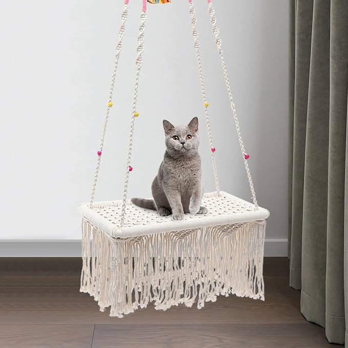 KALLORY Macrame Cat Hammock Bed Hanging Cotton Rope Swing Bohemian Style Decorative Cat Accessory Indoor Kitten Furniture