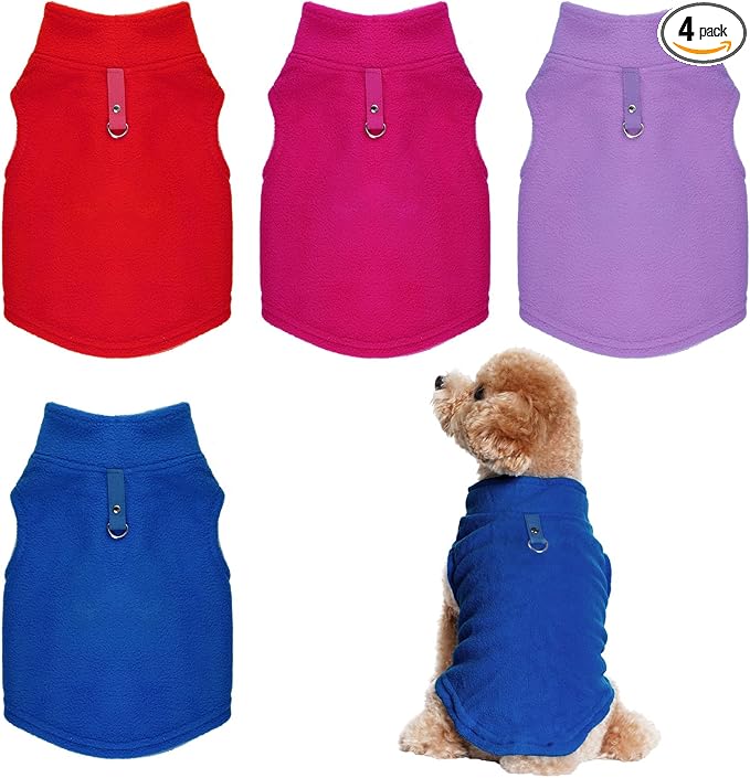 Rbenxia 4 Piece of Rose Red Dog Sweater with Leash Ring Soft Fleece Vest Dog Pullover Warm Jacket Pet Dogs Clothes Winter Dogs Outfits for Small Puppy Cat Pets (Rose Red+Red+Blue+Purple, Small)