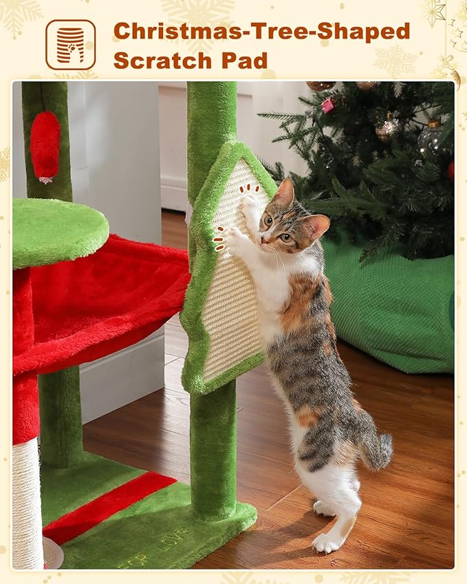 MUTTROS Cat Christmas Tree for Indoor Cats – 56.3“ Cat Proof Christmas Tree Tower with Large Hammock, 3 Scratching Posts & 3 Christmas Toy Balls – Holiday Cat Tree with Festive Decor, Christmas Red