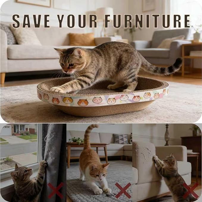 2PCS Cat Cardboard Scratcher with Toys, Oval 16.7" x 12.8" Kitty Scratching Board for Indoor Kitten Play Scratch Bed Sofa Furniture Protector