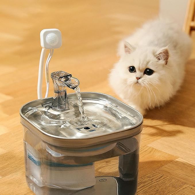 Focket Pet Water Fountain, Automatic Stainless Steel Cat Water Fountain Dog with Ultra Quiet Pump Filter Visible Level Non Slip Base for Cats Dogs Multiple Pets