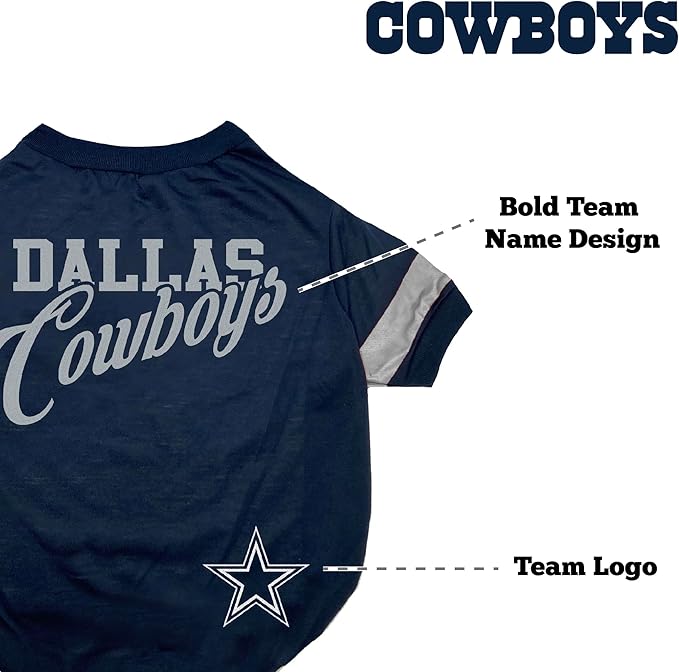 Pets First NFL Dallas Cowboys Dog & Cat T-Shirt, Small. Football Pet Shirt with Team Name & Logo, Striped Sleeves, Poly-cotton Material, Machine Washable