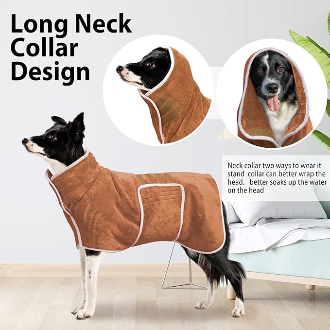 Dog Bathrobe Towel Dog Drying Coat - Super Absorbent Towels Bath Robe for Dogs Large, Soft Adjustable Collar & Belly Strap Fast Drying Coat Pet Cat Bath Robe (Brown, 3X-Large)