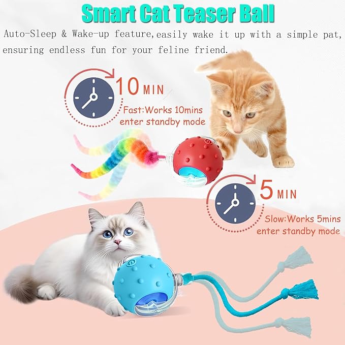 2PCS Interactive Cat Toys for Indoor Cats with 6 Tails, Automatic Cat Toy Fast Rolling on Carpet/ Wooden Floor/ Tiles, Rechargeable Kitten Toys for Small/ Medium/ Large Cats to Enrichment Exercise